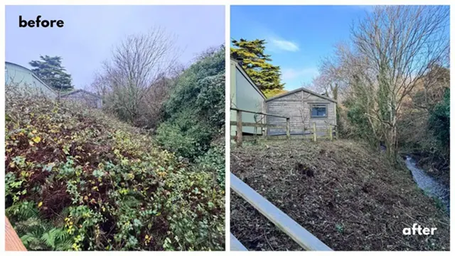 Picture showing before and after garden clearance completed by Hawkins Garden Services of Tywyn
