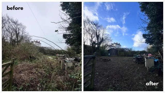 Picture showing before and after garden clearance completed by Hawkins Garden Services of Tywyn