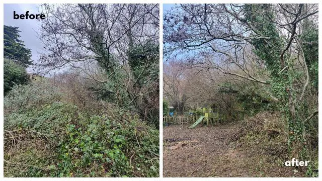 Picture showing before and after garden clearance completed by Hawkins Garden Services of Tywyn