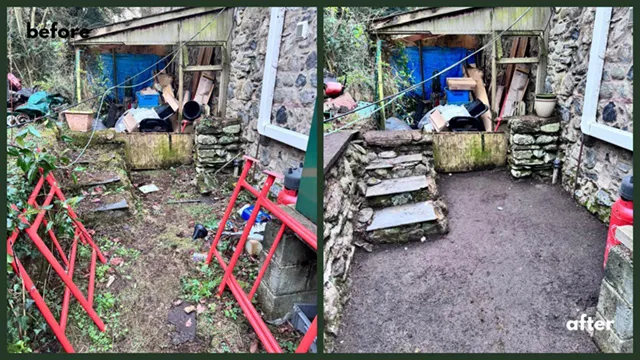 Picture showing before and after garden hedge maintenance and trimming completed by Hawkins Garden Services of Tywyn