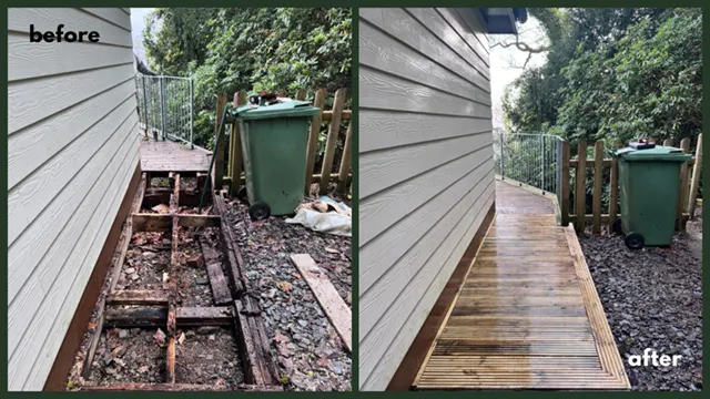 Picture showing before and after garden hedge maintenance and trimming completed by Hawkins Garden Services of Tywyn