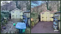 Picture showing before and after garden hedge trimming completed by Hawkins Garden Services of Tywyn