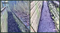 Picture showing before and after garden hedge trimming completed by Hawkins Garden Services of Tywyn