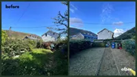 Picture showing before and after garden hedge trimming completed by Hawkins Garden Services of Tywyn